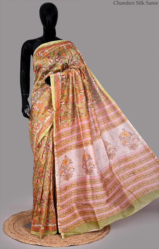 Designer Chanderi Silk Saree with Hand Block Print & Blouse Piece