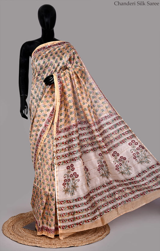 Stylish Hand Block Printed Chanderi Silk Saree with Blouse Fabric