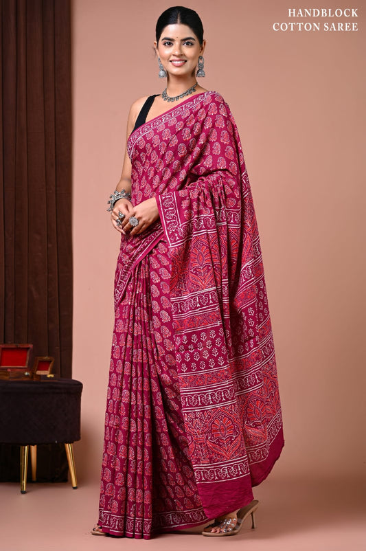 Pure Cotton Hand Block Printed Saree With Traditional Blouse