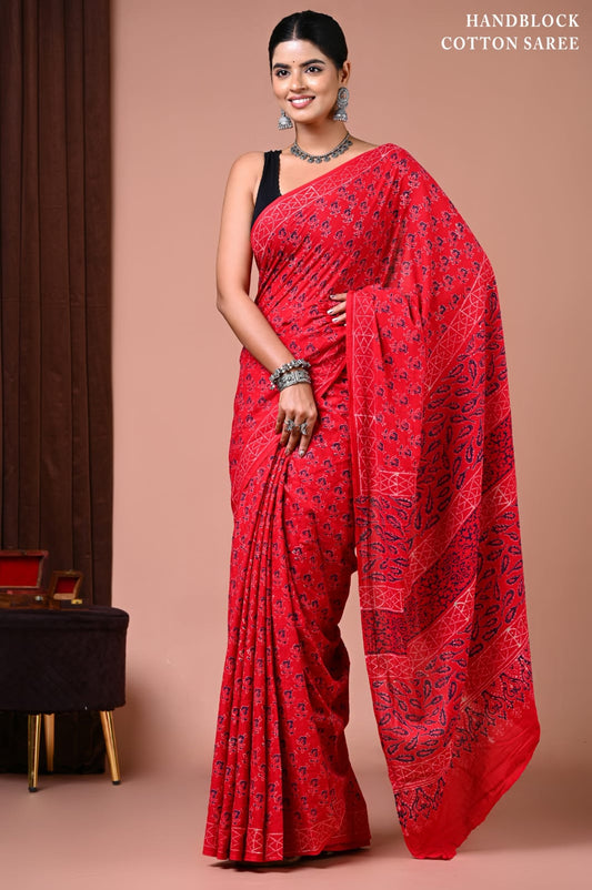 Ethnic Handcrafted Block Print Cotton Saree For Women