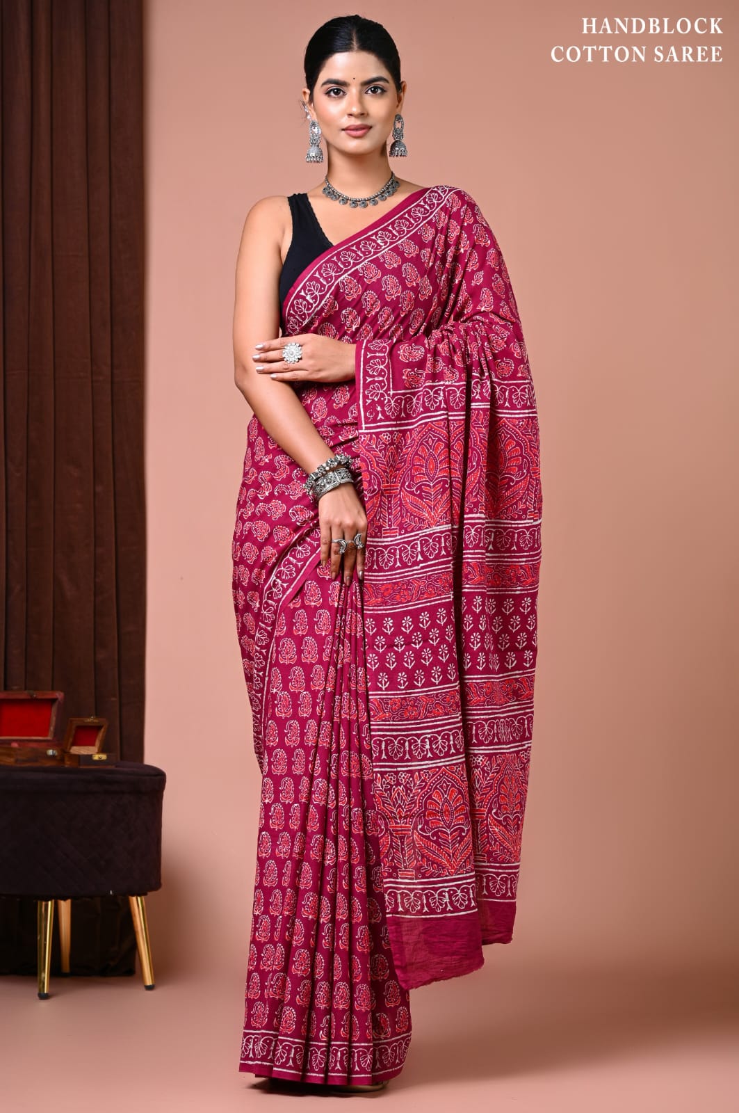 Heritage Style Cotton Saree With Hand Block Design