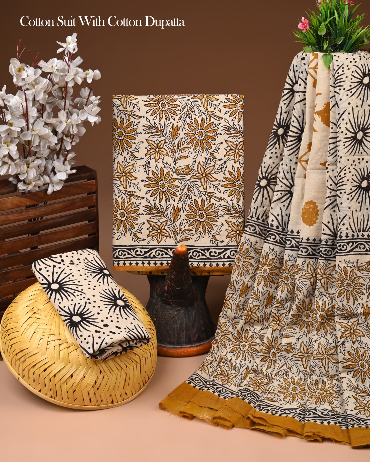 Traditional Hand Block Printed Cotton Suit with Matching Cotton Dupatta