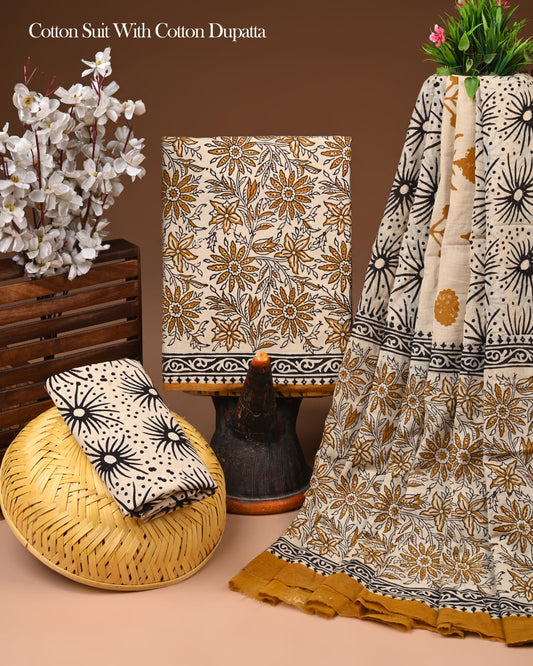 Traditional Hand Block Printed Cotton Suit with Matching Cotton Dupatta
