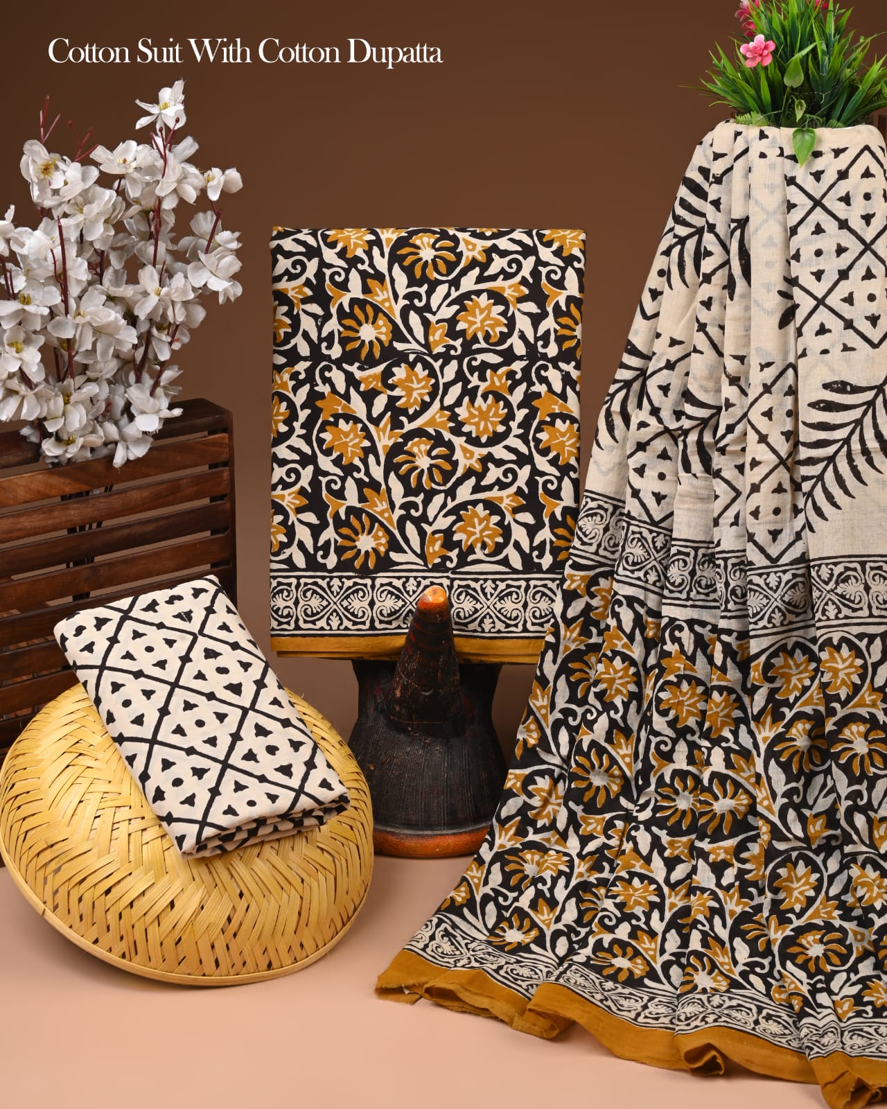 Designer Hand Block Print Cotton Suit Set with Pure Cotton Dupatta