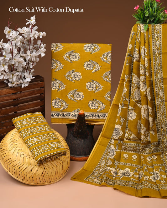 Traditional Hand Block Printed Cotton Suit with Matching Cotton Dupatta