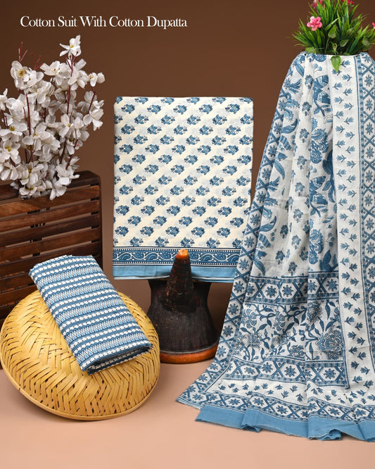 Women's Premium Hand Block Print Cotton Suit Set with Dupatta