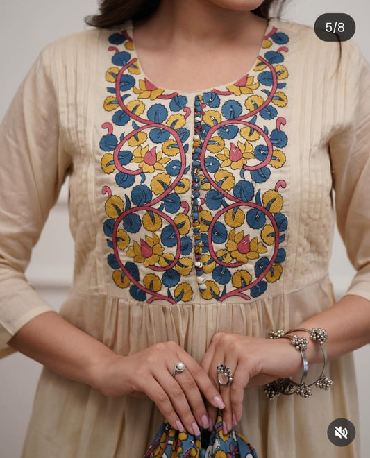 Elegant Cream Embroidered Cotton Suit Set with Printed Dupatta