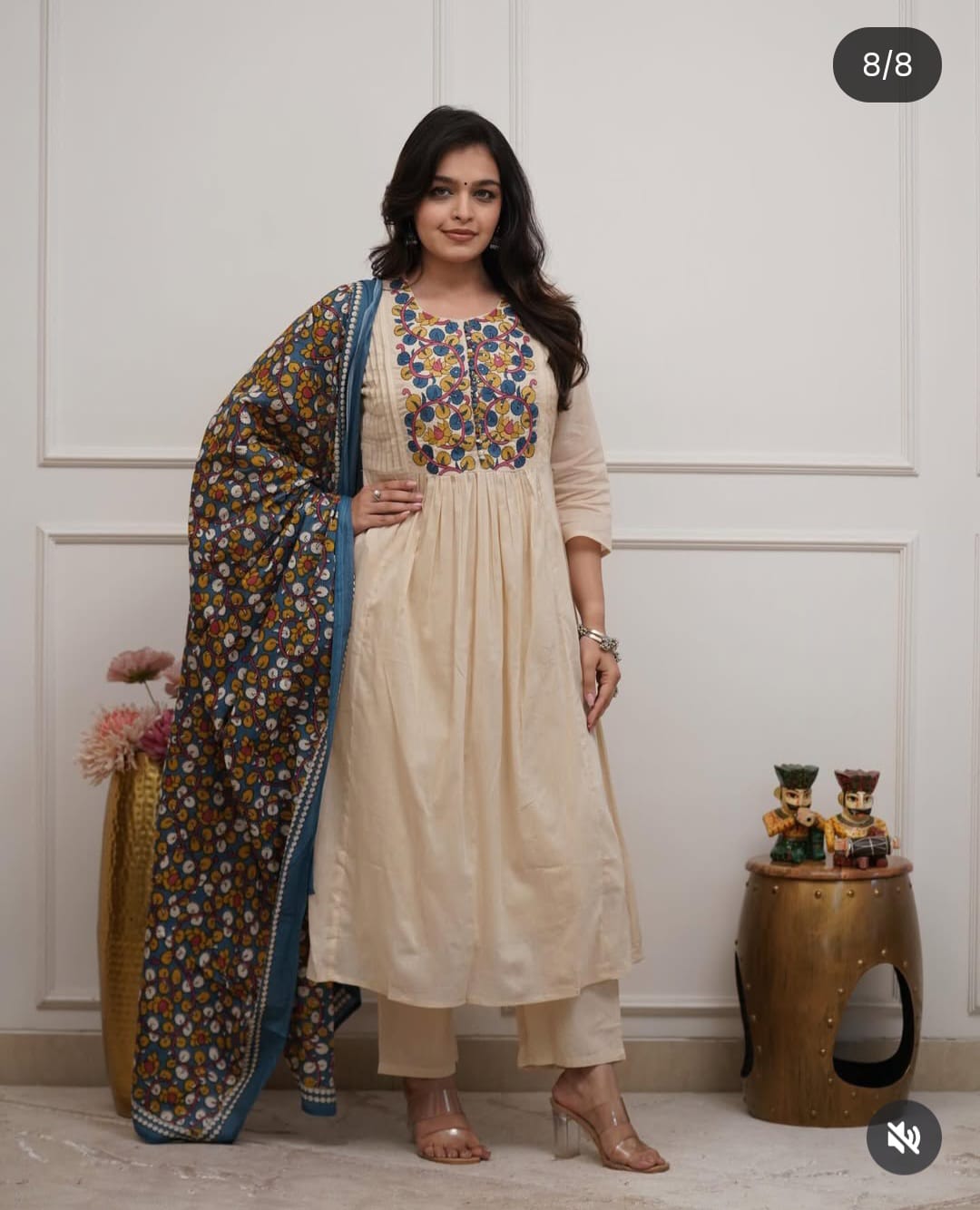 Elegant Cream Embroidered Cotton Suit Set with Printed Dupatta