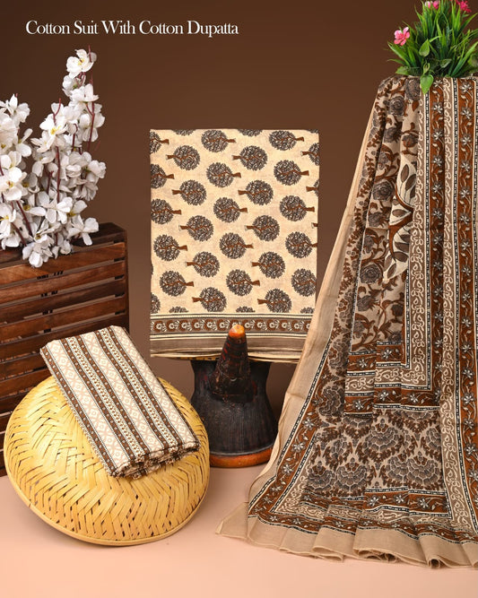Hand Block Printed Soft Cotton Suit Set With Mulmul Dupatta