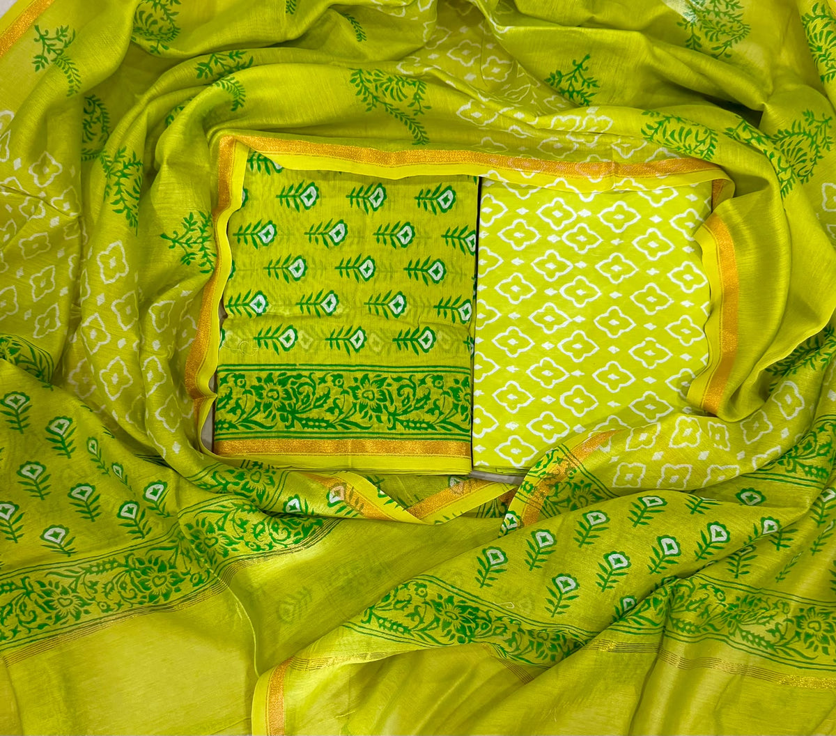 Sanganeri Print Chanderi Silk White Suit Set