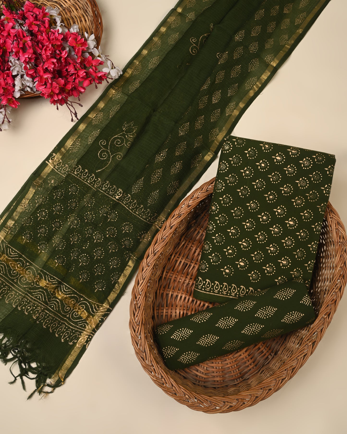 Bagru Hand Printed Organic Cotton Suit With Kota Doria Dupatta