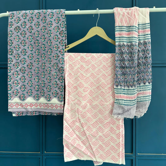Bagru Hand Print Cotton Suit With Chiffon Dupatta
