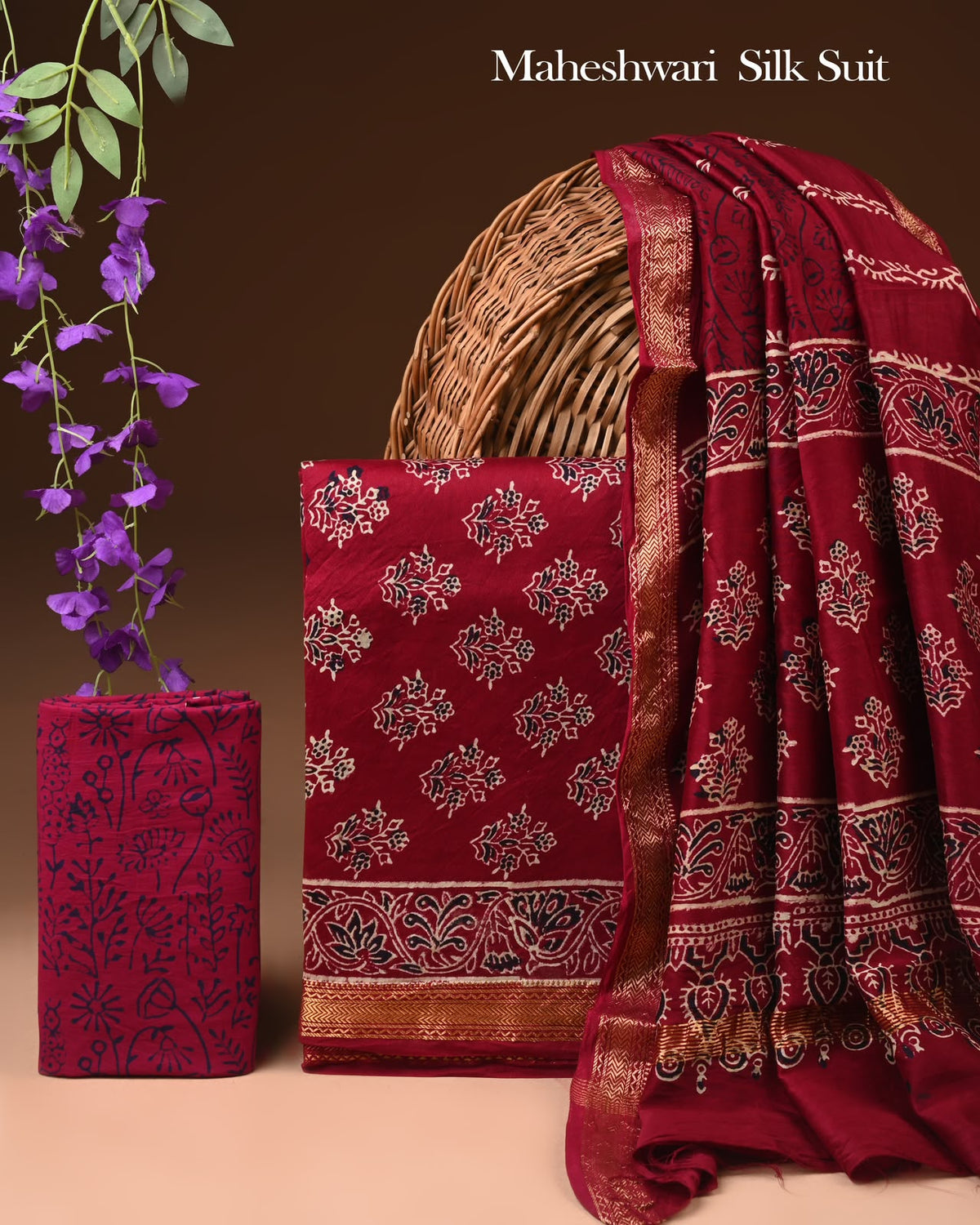 Premium Bagru Hand Block Print Maheshwari Silk Suit