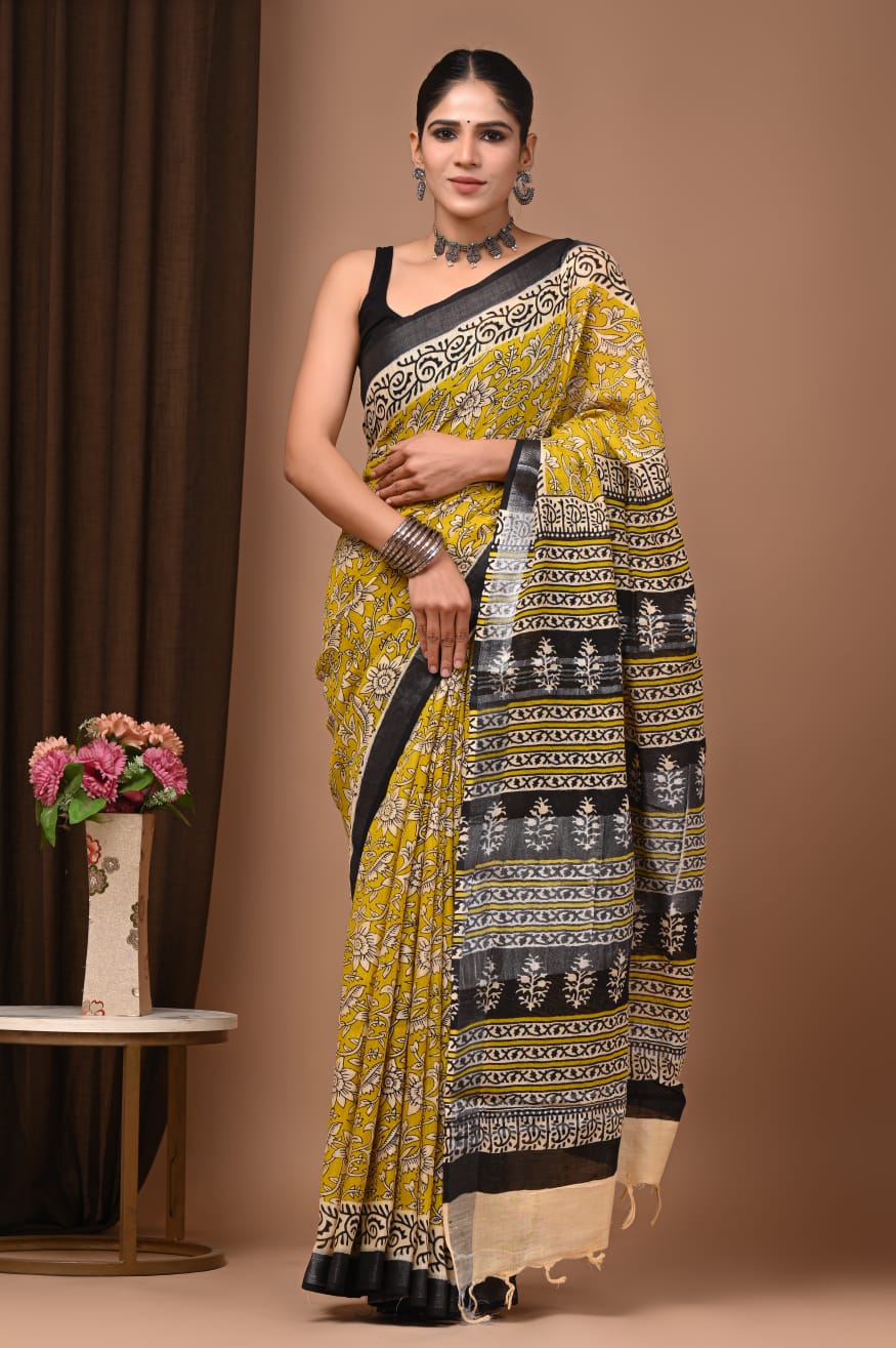 Soft Linen Saree With Natur-Inspired Hand Prints