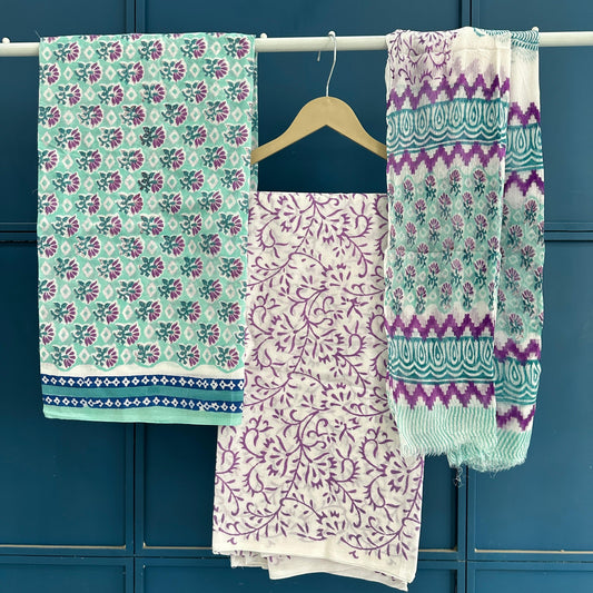 Premium Hand Printed Cotton Suit With Chiffon Dupatta