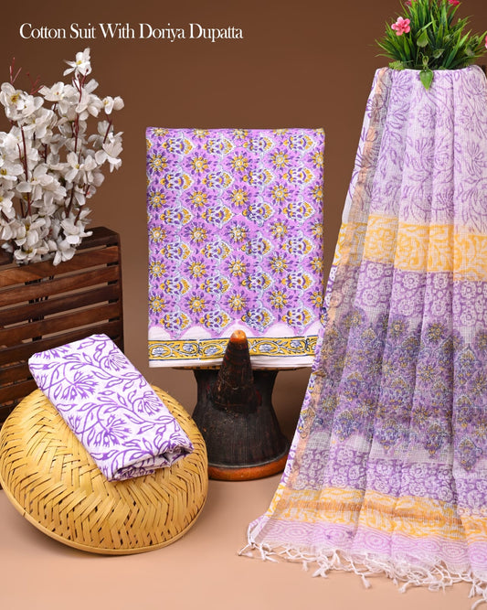 Exclusive Hand Printed Pure Cotton Suit With Kota Doria Dupatta