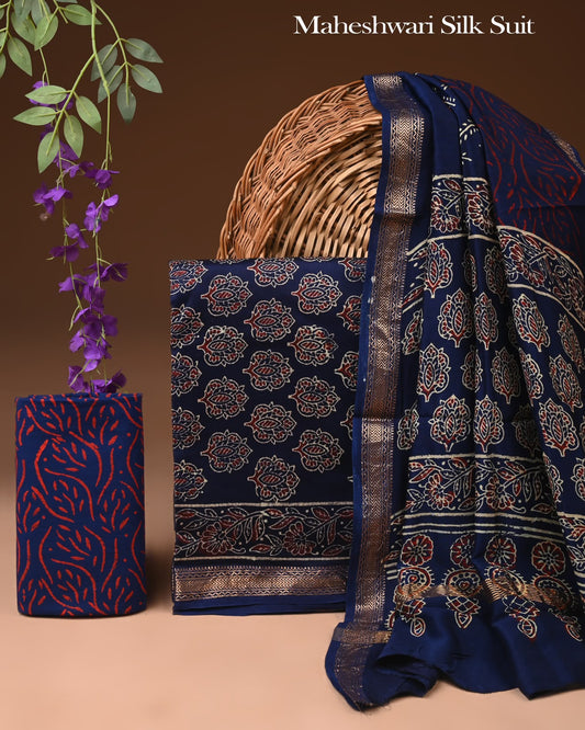 Premium Hand Block Print Maheshwari Silk Suit