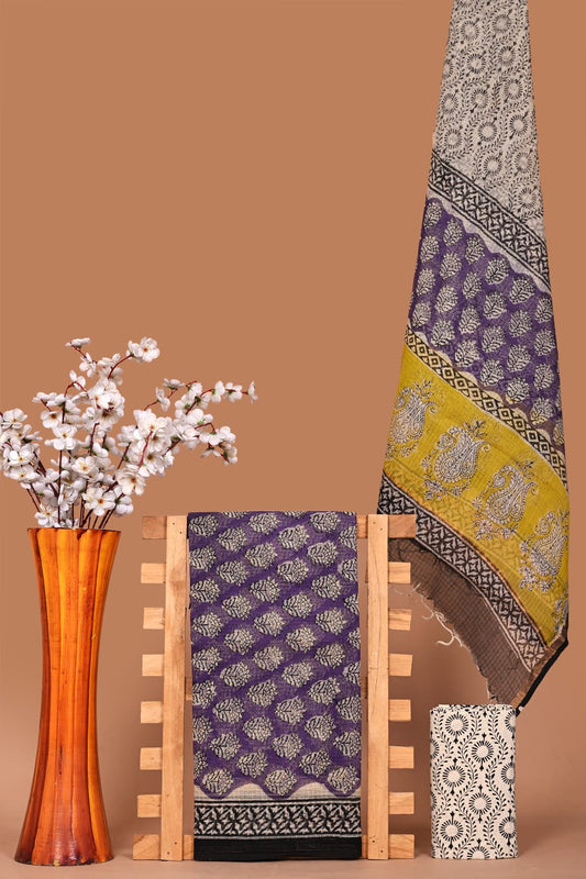 Premium Kota Cotton Hand Block Print Dress Material with Dupatta