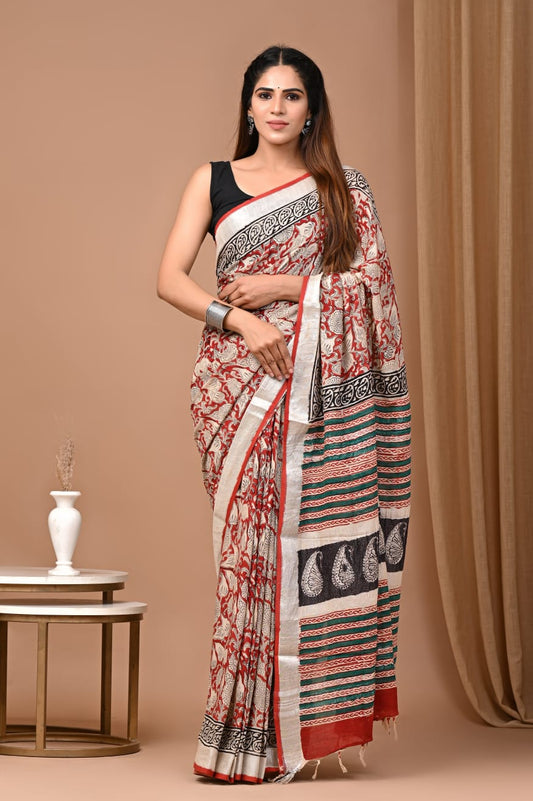 Pure Linen Saree With Heritage Prints