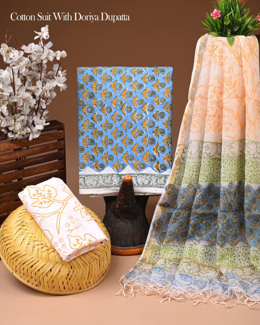 Bagru Hand Block Print Cotton Suit With Kota Doria Dupatta