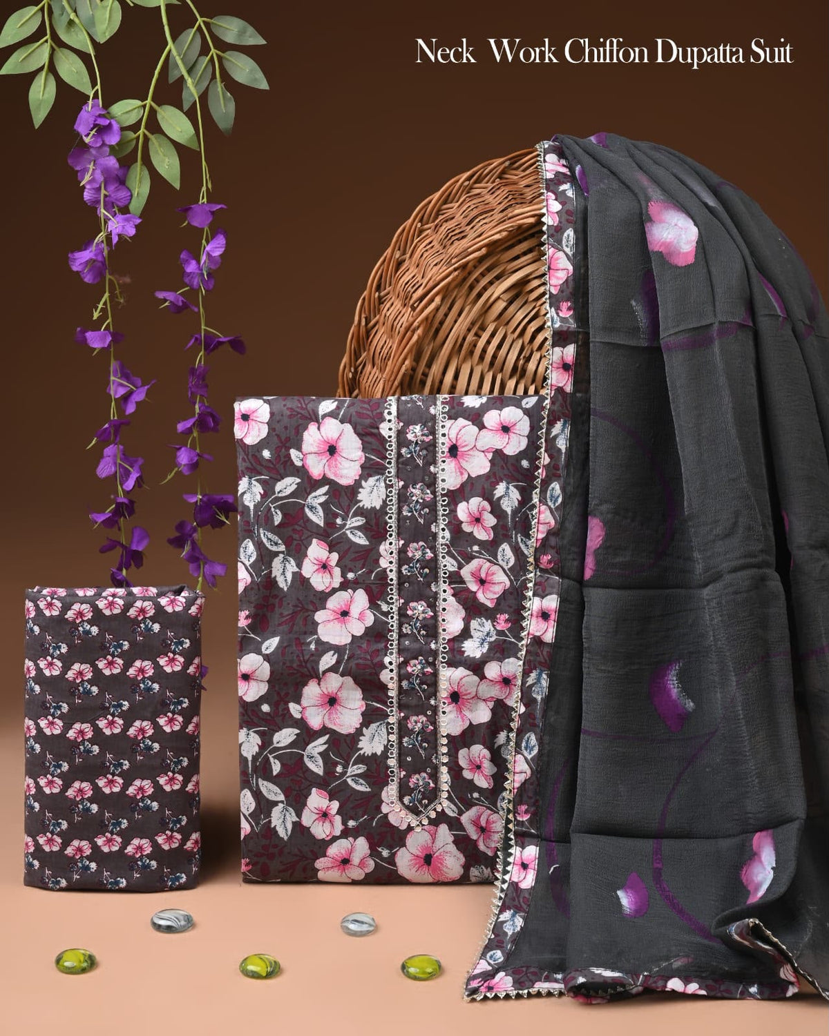 Organic Cotton Gota Patti Work Suit With Chiffon Dupatta