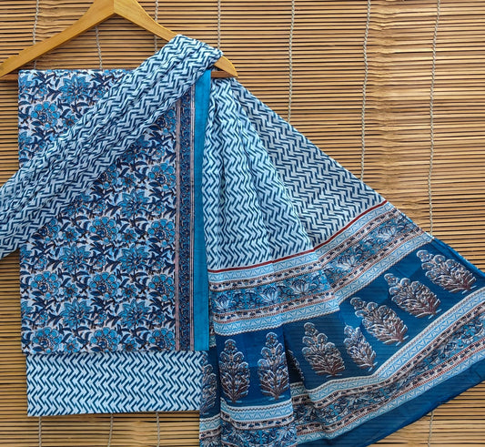 Hand Block Printed Cotton Suit Set With Mulmul Dupatta