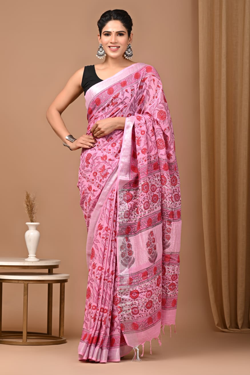 Nature-Inspired Hand Printed Linen Saree