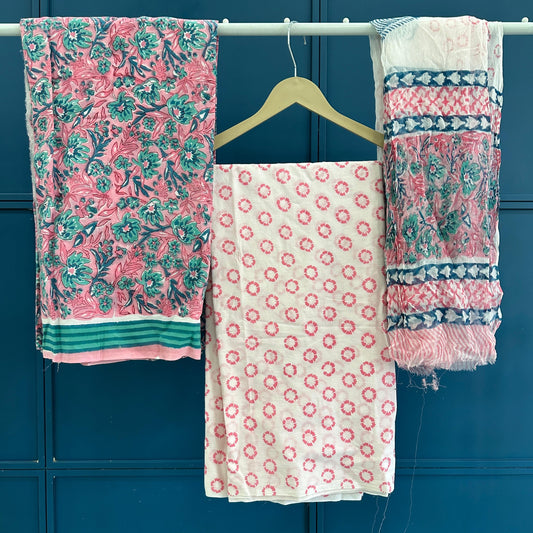 Hand Block Print Soft Cotton Suit With Chiffon Dupatta