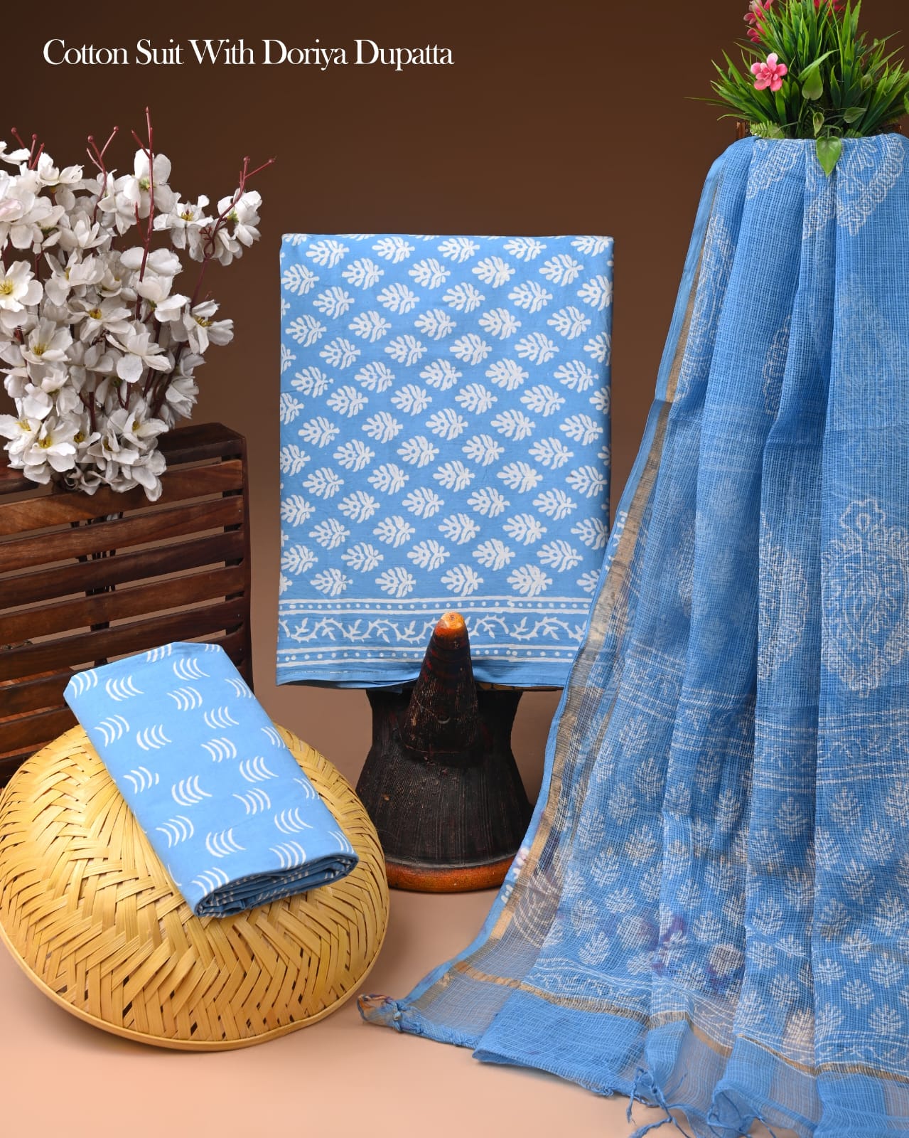Sky Blue Hand Block Printed Cotton Suit With Kota Doria Dupatta