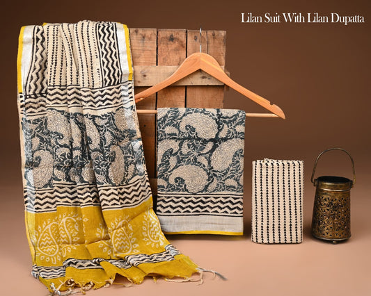 Premium Hand Printed Lilen Suit With Lilen Dupatta