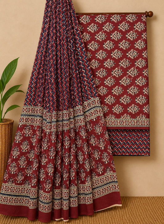 Hand Block Printed Cotton Suit With Cotton Dupatta 29