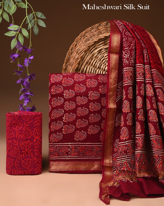 Bagru Hand Block Print Maheshwari Silk Suit