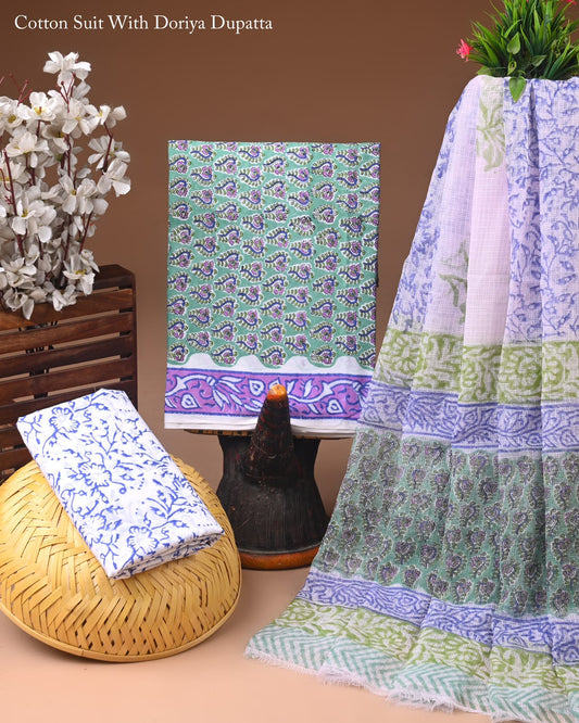 Hand Block Printed Pure Cotton Suit With Kota Doria Dupatta