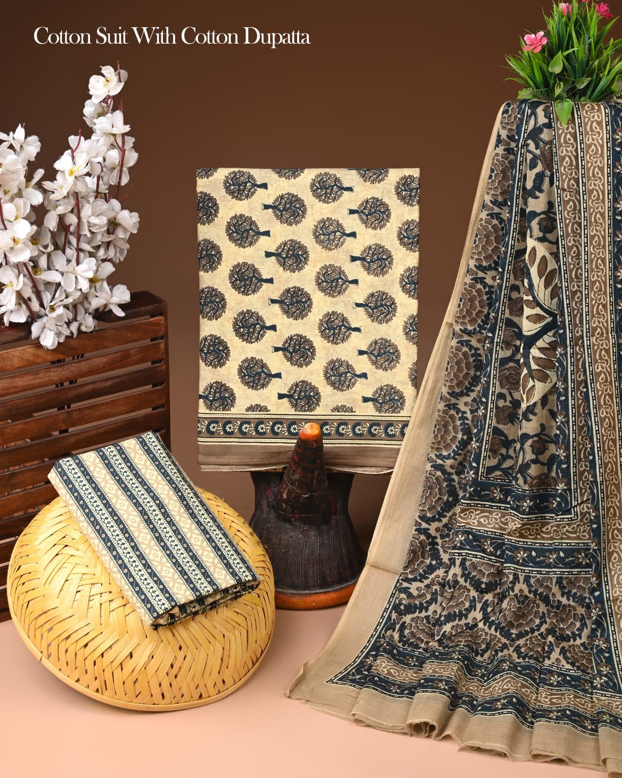Hand Block Printed Soft Cotton Suit Set With Mulmul Dupatta