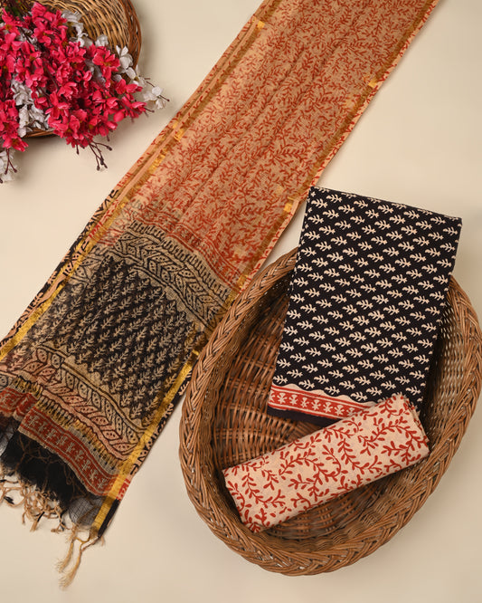 Premium Hand Printed Cotton Suit With Kota Doria Dupatta