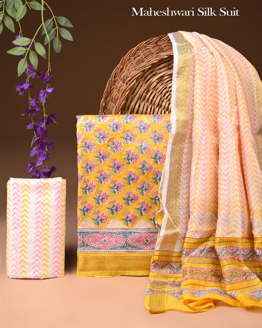 Exclusive Hand Block Print Maheshwari Silk Suit Set