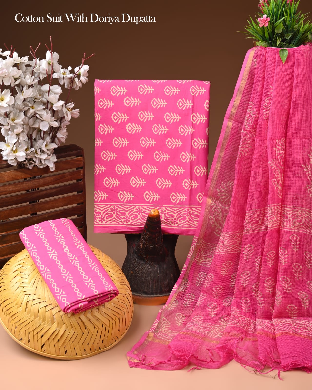 Hand Block Print Organic  Cotton Suit With Kota Doria Dupatta