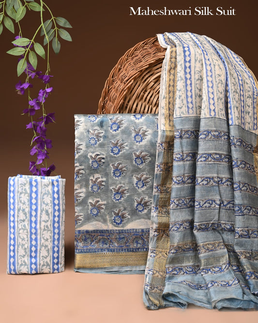 Premium Hand Block Print Maheshwari Silk Suit Set
