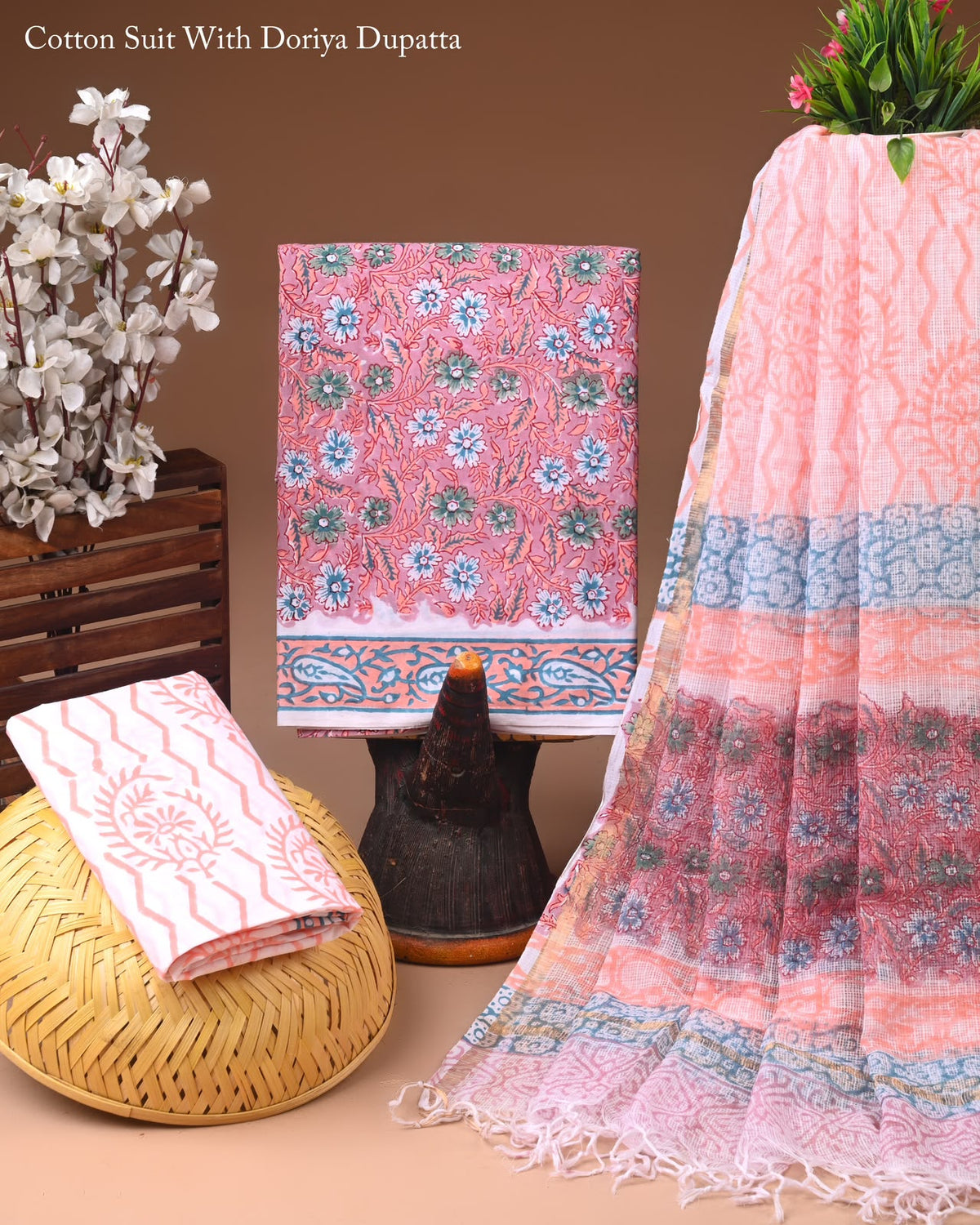 Hand Block Print Organic Cotton Suit With Kota Doria Dupatta