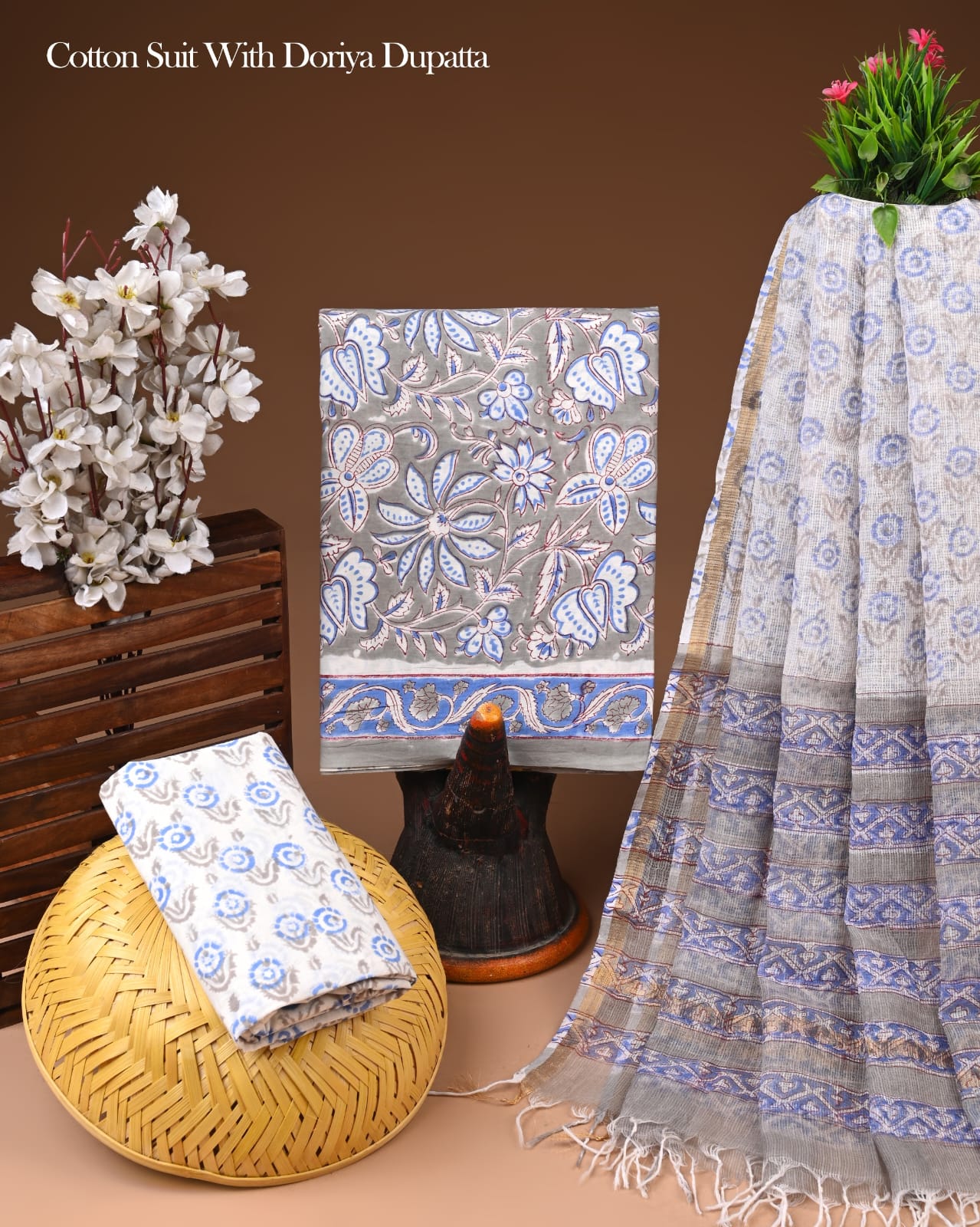 Hand Block Print Organic Cotton suit With Kota Doriya Dupatta