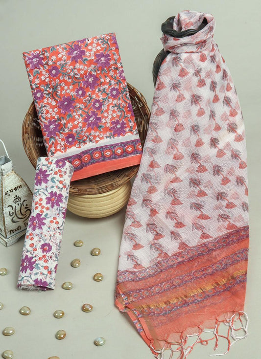 Hand Block Print Organic Cotton Suit With Kota Doria Dupatta