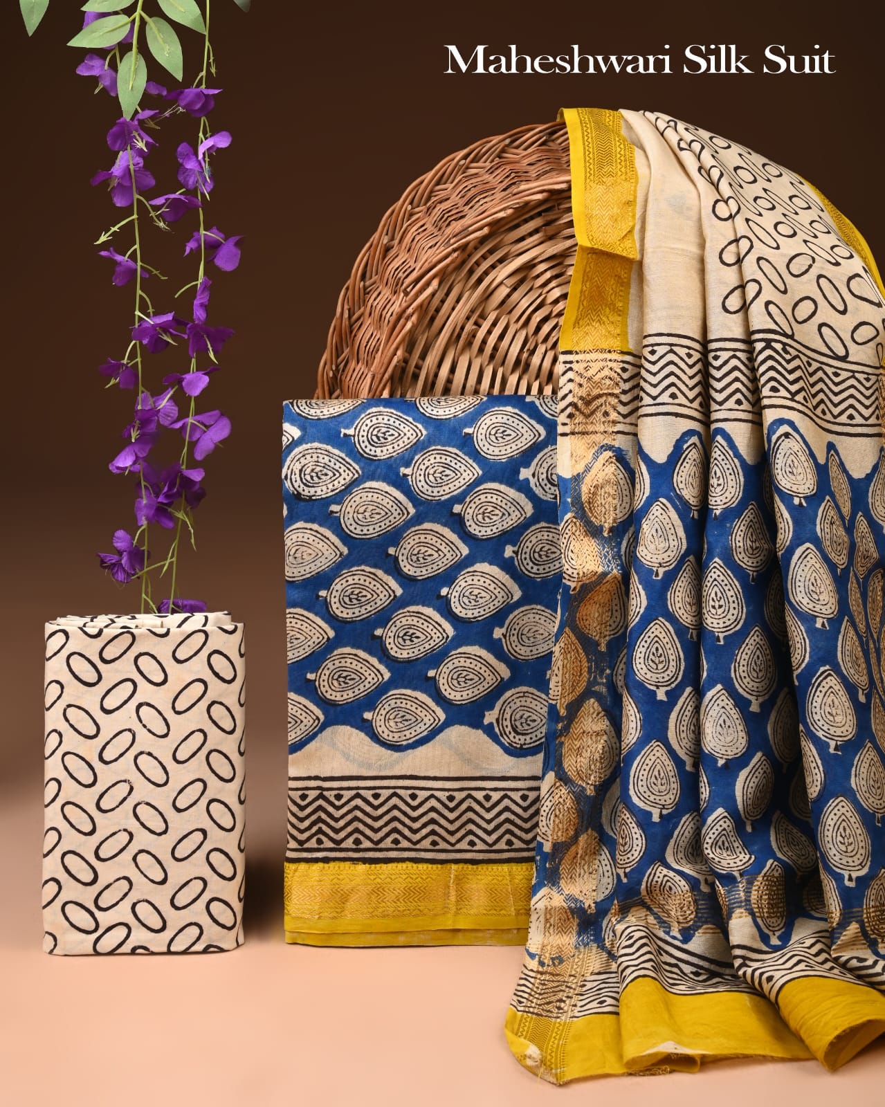 Premium Hand Block Printed Maheshwari Silk Suit