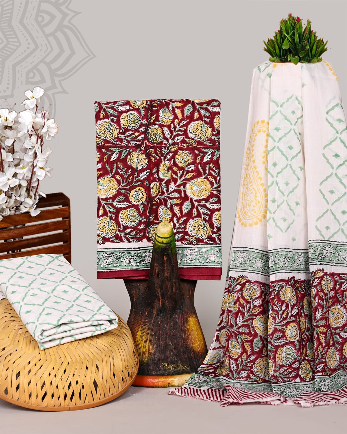 New Hand Block Print Cotton Suit With Mulmul Dupatta