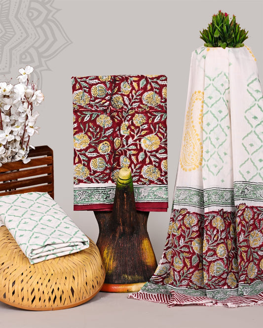 New Hand Block Print Cotton Suit With Mulmul Dupatta
