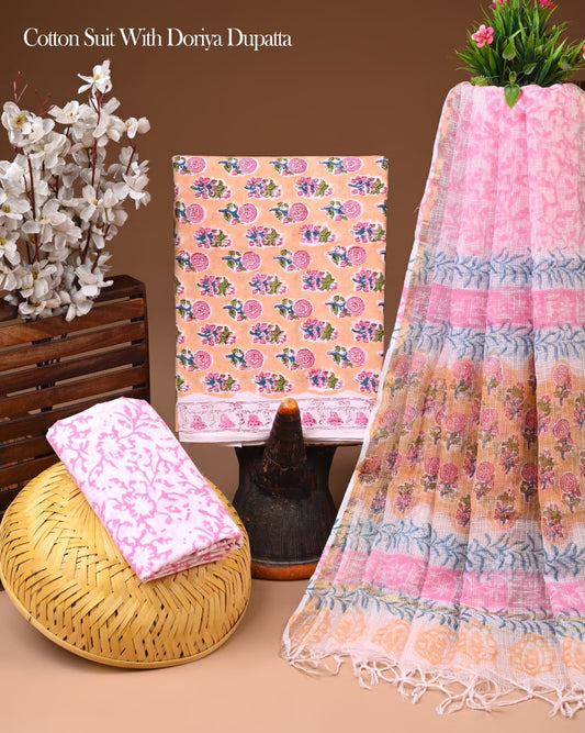 Hand Block Printed Cotton Suit With Kota Doria Dupatta