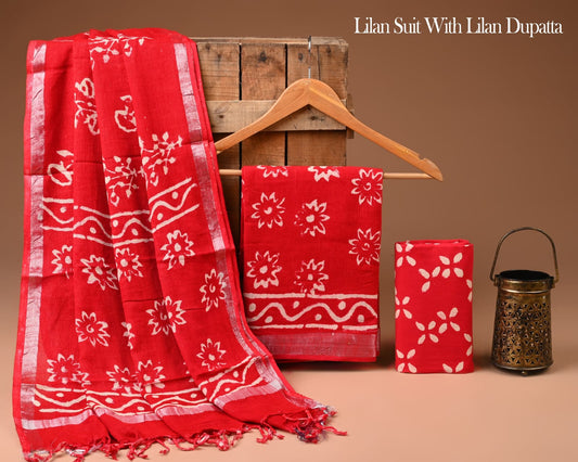 Bgaru Hand Block Print Lilen Suit With Lilen Dupatta