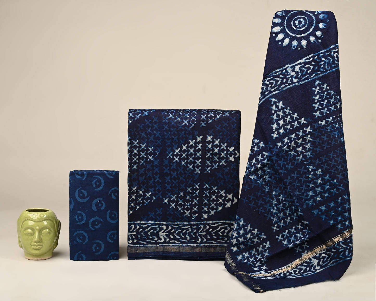 Hand Block Print Chanderi silk White Suit Set