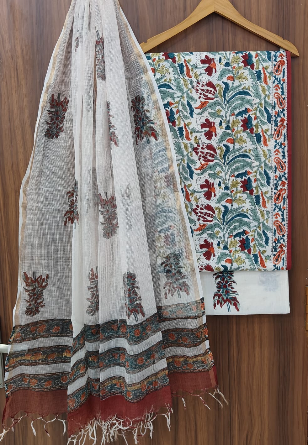 Hand Block Print Organic Cotton Suit With Kota Doria Dupatta