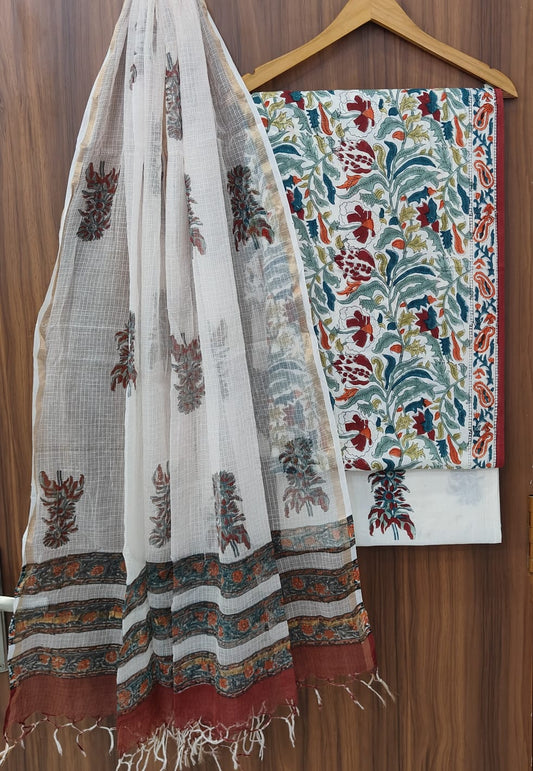Hand Block Print Organic Cotton Suit With Kota Doria Dupatta