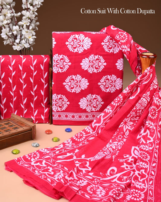 Hand Block Printed Cotton Suit Set With Mulmul Dupatta 2